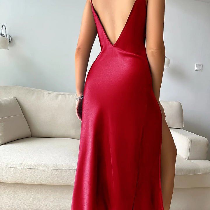 Women's Elegant Solid Satin Nightdress Slim Strap High Slit Lightweight Luxurious Loungewear