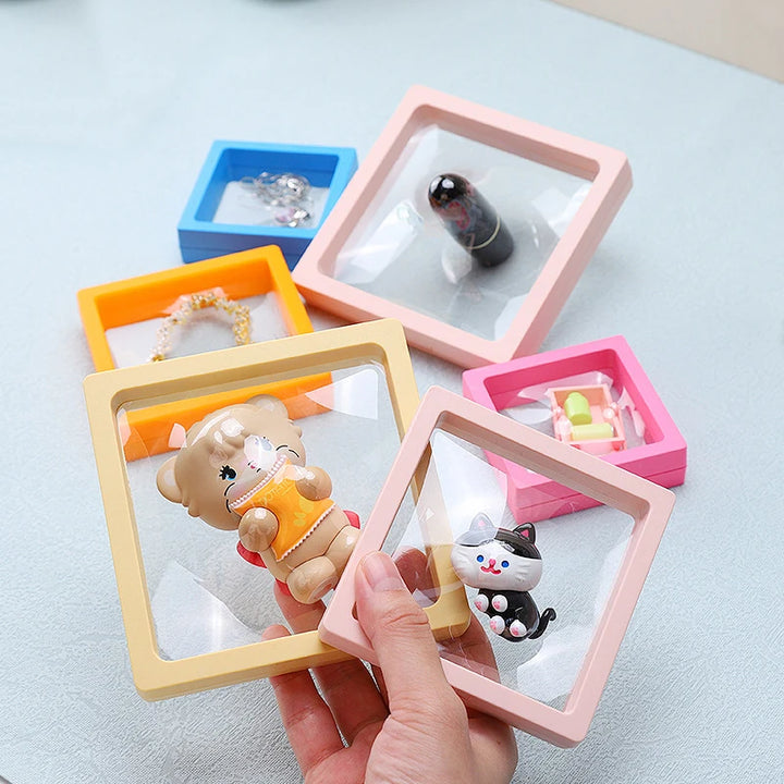 Transparent PE Film Jewelry Storage Box Color 3D Floating Display Frame Coin Dustproof Exhibition Ring Earrings Organizer Case