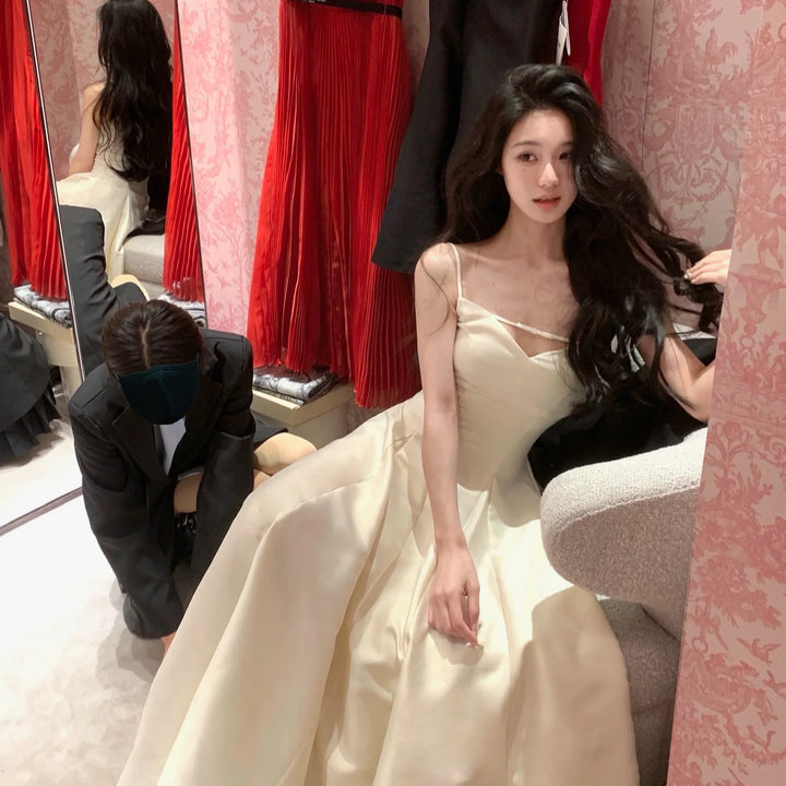 Elegant Solid Princess Evening Party Dress French Romantic Black Big Hem Graduation Dresses Korean Summer Strap Wedding Vestidos