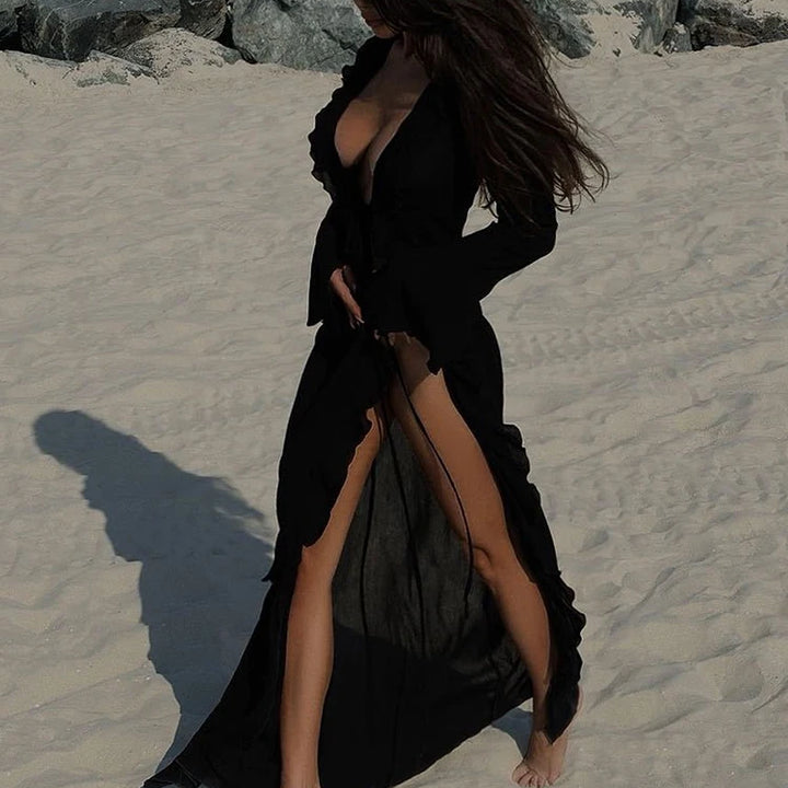 OIINAA Ruffle Bikini Cover-Ups Women Beach Cover Up Elegant Long Sleeve Lace Up Summer Solid Fashion Female Holiday Beachwear