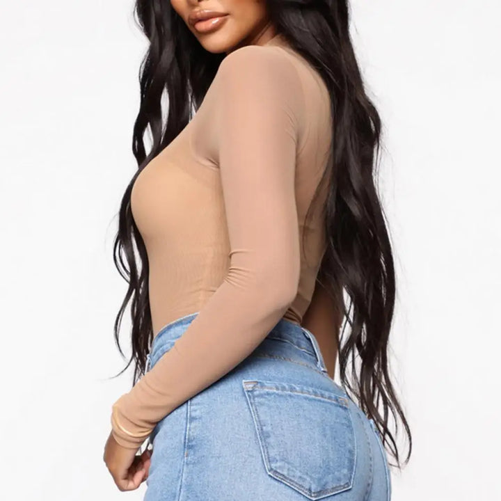 Women Bodysuit Sexy Black Skin Color Thin Mesh Bodysuit Long Sleeve See-through Mesh Skinny Half-high Collar Female Playsuit