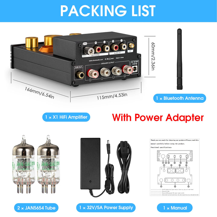 Douk Audio HiFi GE5654 Vacuum Tube Amplifier Stereo Bluetooth 5.0 Receiver Amp MM Phono Power Amp for Turntables APTX-HD 160W*2