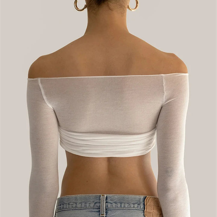 Mozision See Through Mesh Crop Top Women Pullovers Strapless Short Knit Cropped Tops Ladies Tee Shirt Sexy Off-shoulder T-shirt