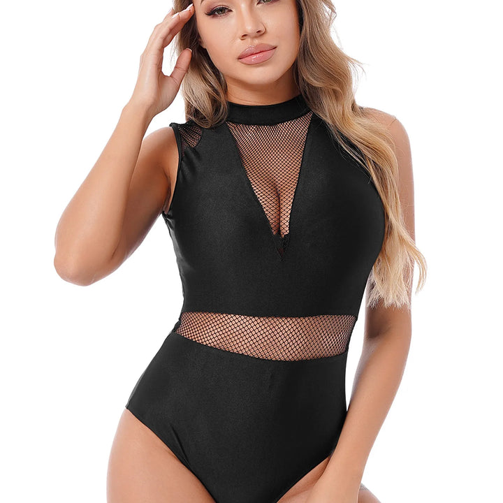 Ballet Dance Leotard Womens Adult Mesh Splice Gymnastics Bodysuit Dancewear One-Piece Backless Training Costume