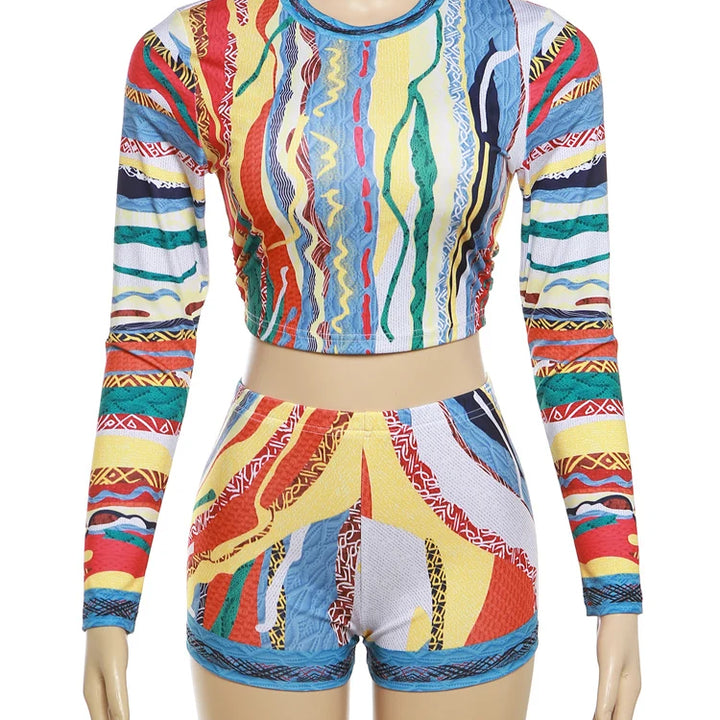 Nibber Colorful Printing Two Piece Set Women Autumn O-neck Full Sleeve Crop Tops + Matched Slim Shorts Female Outfit Street Suit