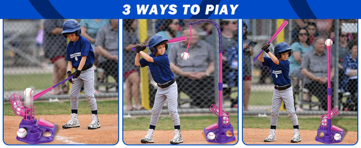 VATOS 3-in-1 T Ball Sets Kids Toy with 6pcs Baseballs Stand Hanging Tee Auto Ball Launcher Retractable Bat Sports for Boys Girls