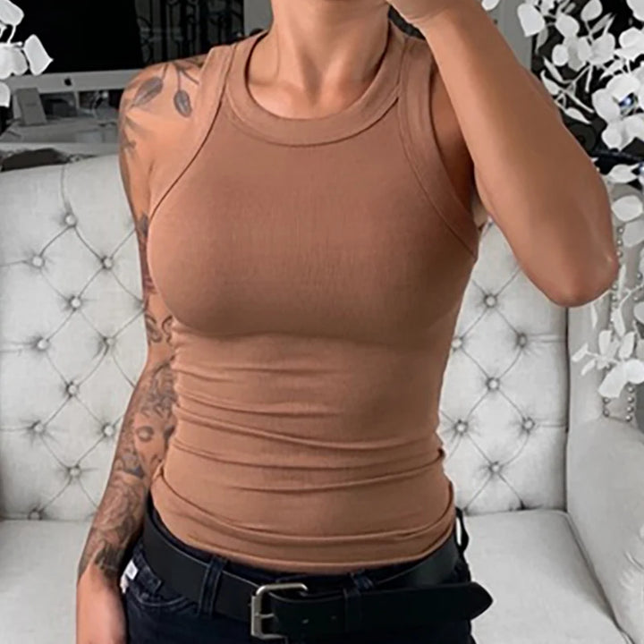 Women Solid Round Neck Ribbed Tank Top Camisole Women Summer Basic Elastic Tank Top O Neck Solid Tank Top