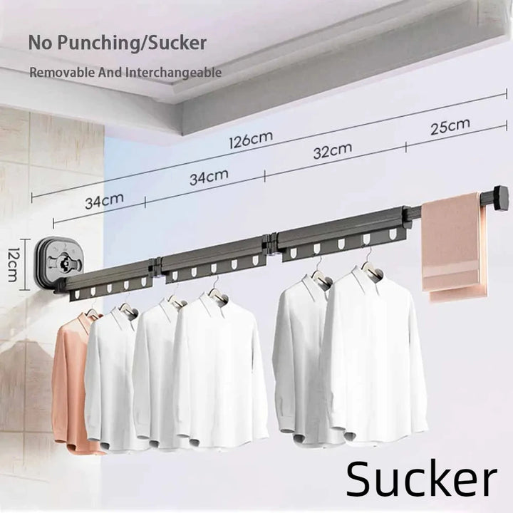 Suction/Drill Wall Mount Folding Clothes Drying Rack With Retractable Suction Cup Extension Pole Reusable 3-Fold Clothes Rack