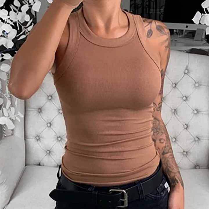 Women Solid Round Neck Ribbed Tank Top Camisole Women Summer Basic Elastic Tank Top O Neck Solid Tank Top