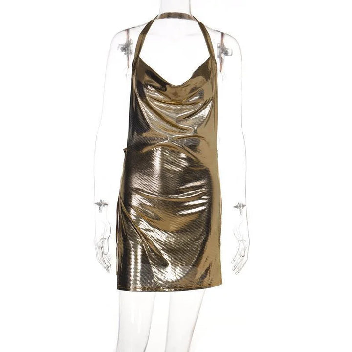 2024 Summer Clothes Bling Glitter Women Halter Mini Dress Side Slit Backless Bodycon Sexy Streetwear Party Club Festival Vestido