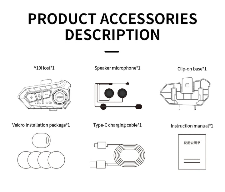 Y10 Motorcycle Helmet Bluetooth Headset 2000Mah Super Long Standby Wireless Hands-free Waterproof Motorbike Earphone