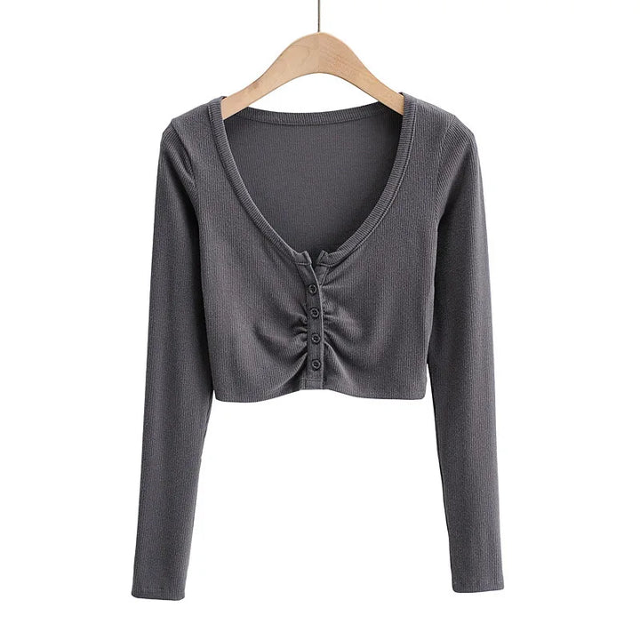Slim V-neck Long Sleeve Bottomed Womens Tops And Blouses High Street Solid Color Open Navel Cardigan
