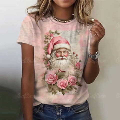 Santa Claus Print Vintage T-Shirts Christmas Theme Tops Ladies Short Sleeve Pink T Shirt Oversized Women Weekend Party Clothes