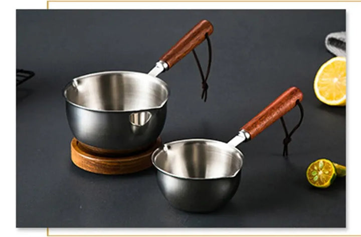 Stainless Steel Oil Pot with Wooden Handle 120ml/200ml Spilled Mini Soup Milk Pot Scalding-proof Kitchen Tool Cook Accessories