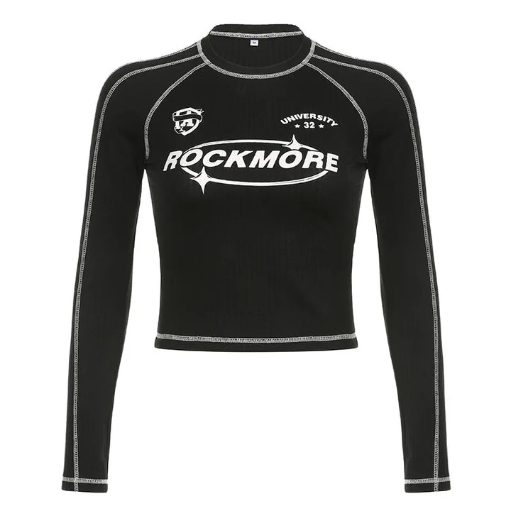 Black Sexy Women's Tees Autumn Fashion New Streetwear Bodycon Casual Basic T-shirt Female Long Sleeves Print O-Neck Y2K Crop Top