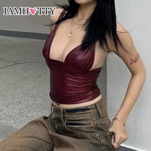 IAMHOTTY Pu Leather Deep V-neck Tank Top Wine Red Chest Folds Camisole Korean Fashion Vintage Crop Tops Sexy Elegant Corset New