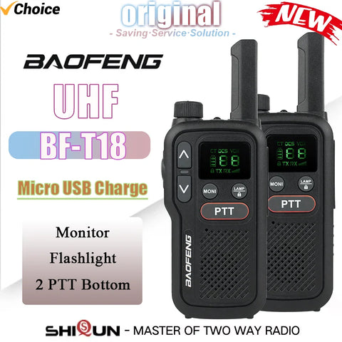 Baofeng BF-T18 Long Range Mini Walkie Talkie UHF 400-470MHz Micro USB Charge Two Way Radio 2-PTT Bottom Walkie-talkie 16CH Radio