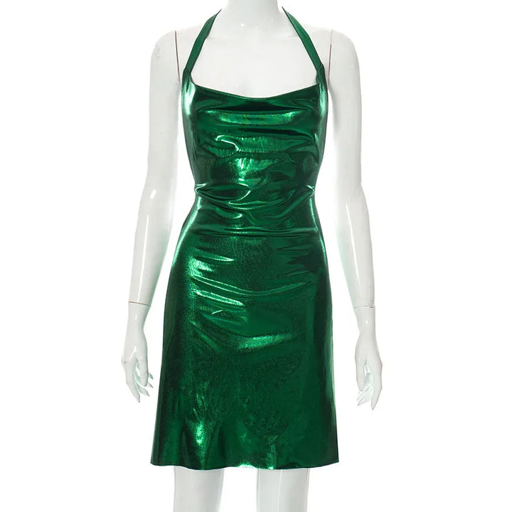 BKLD Women Clothing 2024 Spring New Solid Color Sexy Bronzing  Sparkle Dress Backless Split Halter Neck Short Dress Clubwear