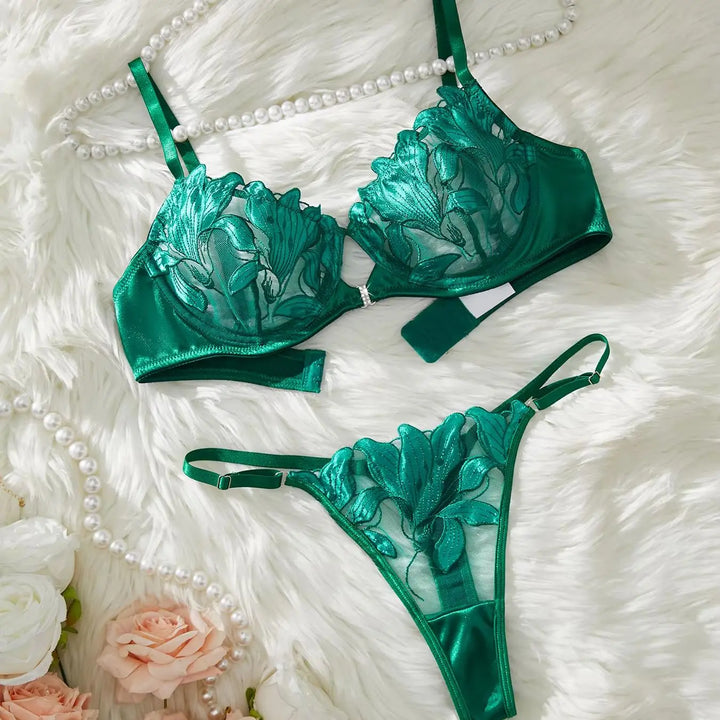 Floral Embroidery Sexy Lingerie Set Women Transparent Bralette Underwire Push Up Bra Panty 2 Piece Set