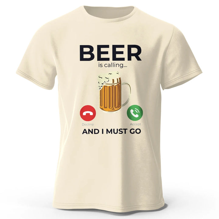 Beer Is Calling I Must Go Printed Men's T-Shirt 100% Cotton Oversized Funny Graphic Tees for Men Summer Tops