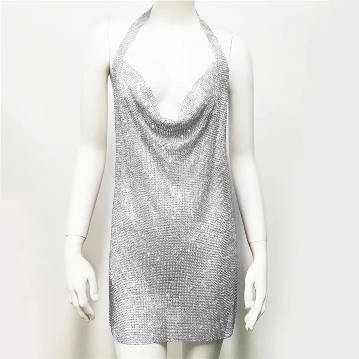 New European and American women's clothing, metal sequins, rhinestone suspender, sexy party, sweet and spicy style dress