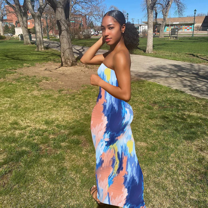 Spring And Summer Dresses For Women Chest Wrap Printed Off Shoulder Bandage Slim Sexy Long Dress 2023 New Fashion party MsChuh