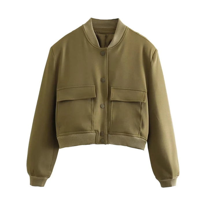 TRZA Women Fashion With Pockets Bomber Jacket Coats Vintage Long Sleeve Front Button Casual Female Outerwear Chic Tops