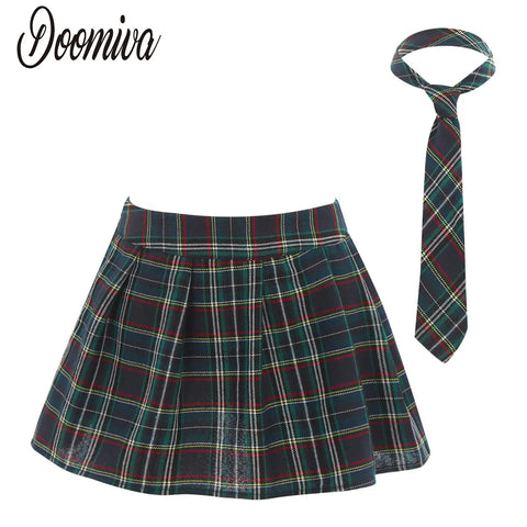 Womens Plaid Pleated Skirts With Necktie Harajuku Mini Japanese Preppy Schoolgirls Uniforms Kawaii Skirts Ladies Cosplay Costume