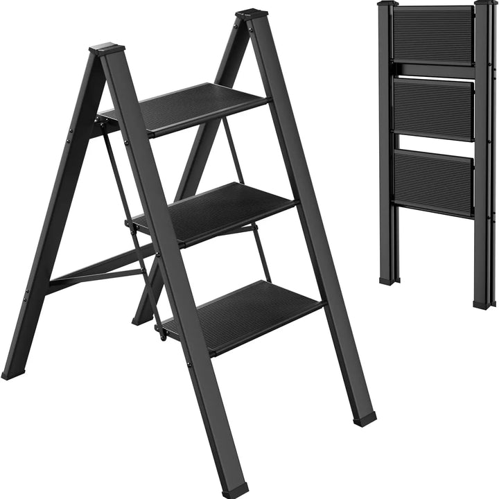 Aluminium 3-4 Step Ladder with Wide Steps Lightweight Folding Ladder Portable Slim Step Stool Safety Household Ladder Stepladder