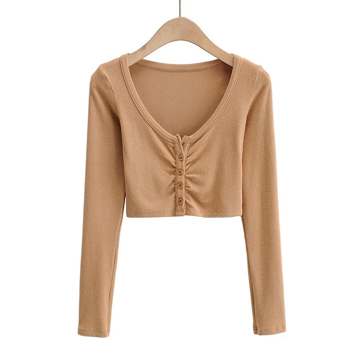 Slim V-neck Long Sleeve Bottomed Womens Tops And Blouses High Street Solid Color Open Navel Cardigan