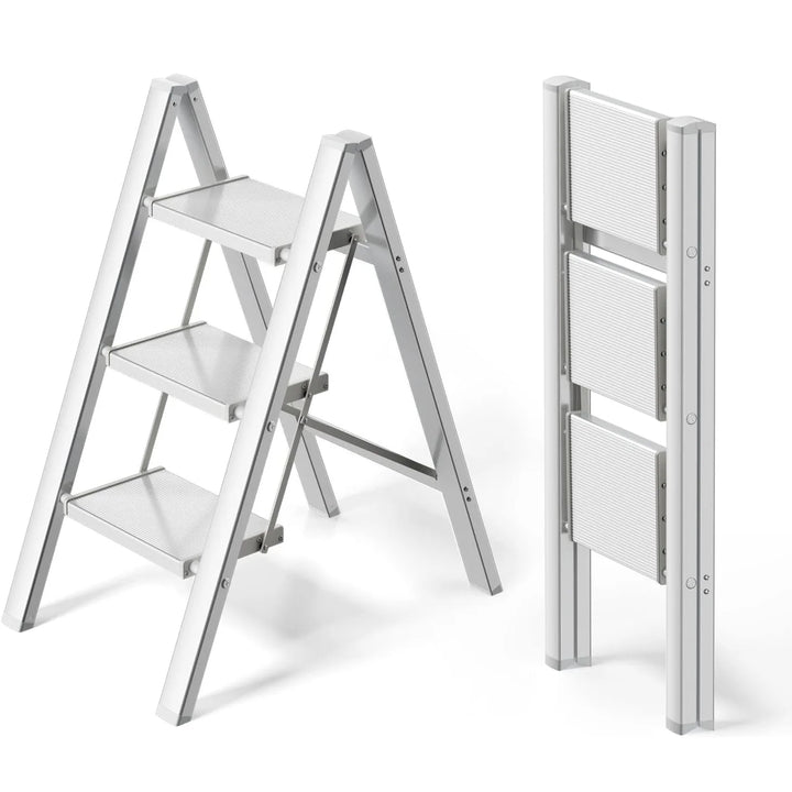 Aluminium 3-4 Step Ladder with Wide Steps Lightweight Folding Ladder Portable Slim Step Stool Safety Household Ladder Stepladder