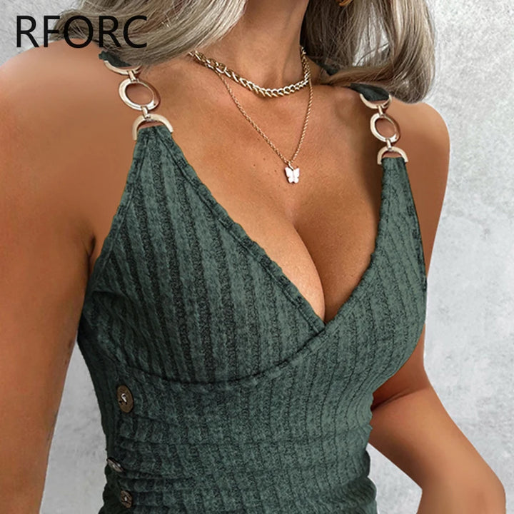 2024 Women Chic Thick Straps Metal Decor Deep V Neck Sleeveless Knitting Sexy Camis Crop Tops