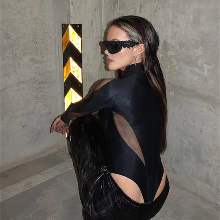 kliou Summer Women Above Knee Sexy&Club Mesh Patchwork Bodysuit K22K25045 Girl See Through All-match Tops One Piece Attirewear