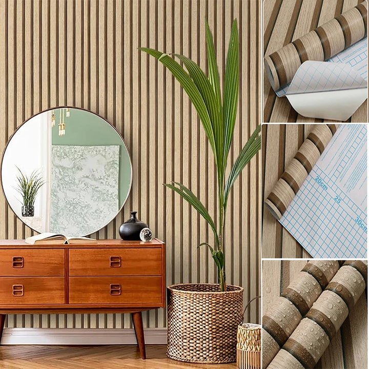Brown pvc grille wood grain peeling imitation wood wallpaper self-adhesive detachable bedroom living room striped contact paper