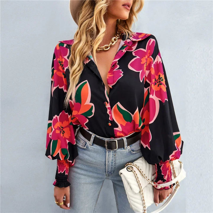 Fashionable Long Sleeve Printed Versatile Shirt For Women Autumn European And American Style Commuting Top With Button
