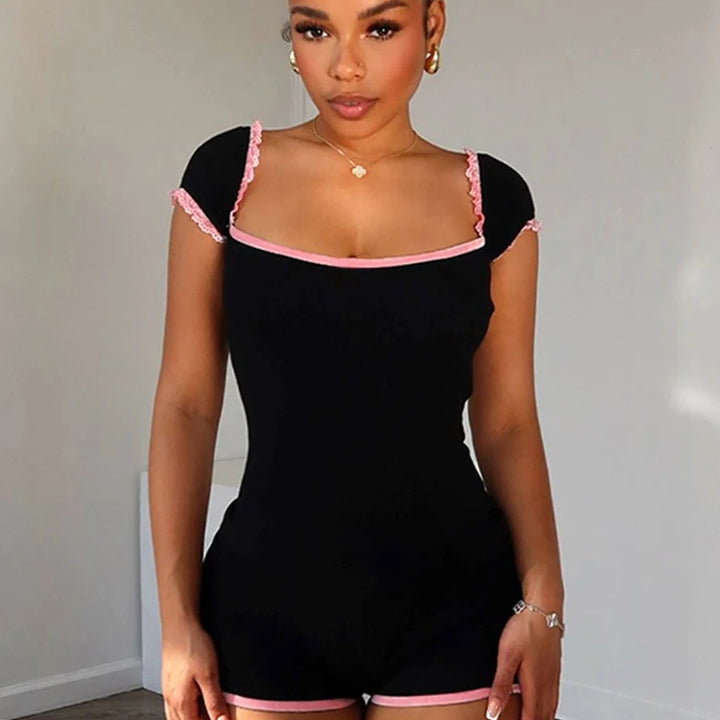 kliou Classic Patchwork Women Playsuits Casual Fashion Lace Trim Square Neck Short Sleeve Stretch Rompers Girls Daily Streetwear