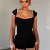 kliou Classic Patchwork Women Playsuits Casual Fashion Lace Trim Square Neck Short Sleeve Stretch Rompers Girls Daily Streetwear