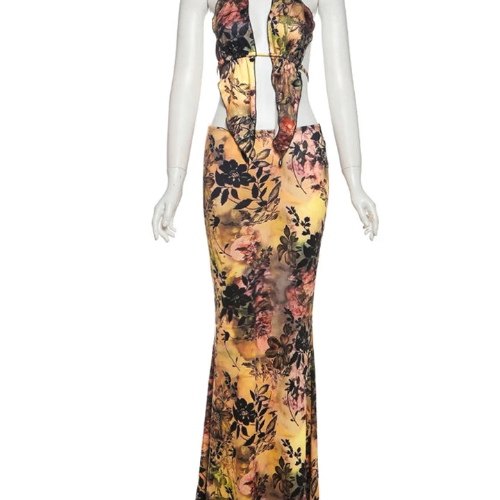 Sisterlinda Y2K Print Sexy 2 Piece Set Trend Coquette High Street Halter Crop Tanks+Matchig Skirts Mujer Attractive Party Suits
