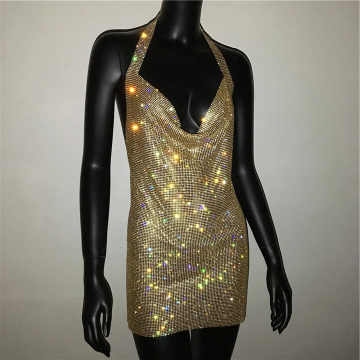 Bling Rhinestone Backless Dress Sexy Deep V Neck Sleeveless Side Split Halter Dress Nightclub Party Evening Dresses