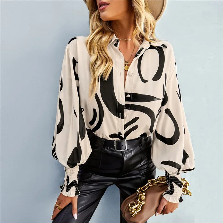 Fashionable Long Sleeve Printed Versatile Shirt For Women Autumn European And American Style Commuting Top With Button