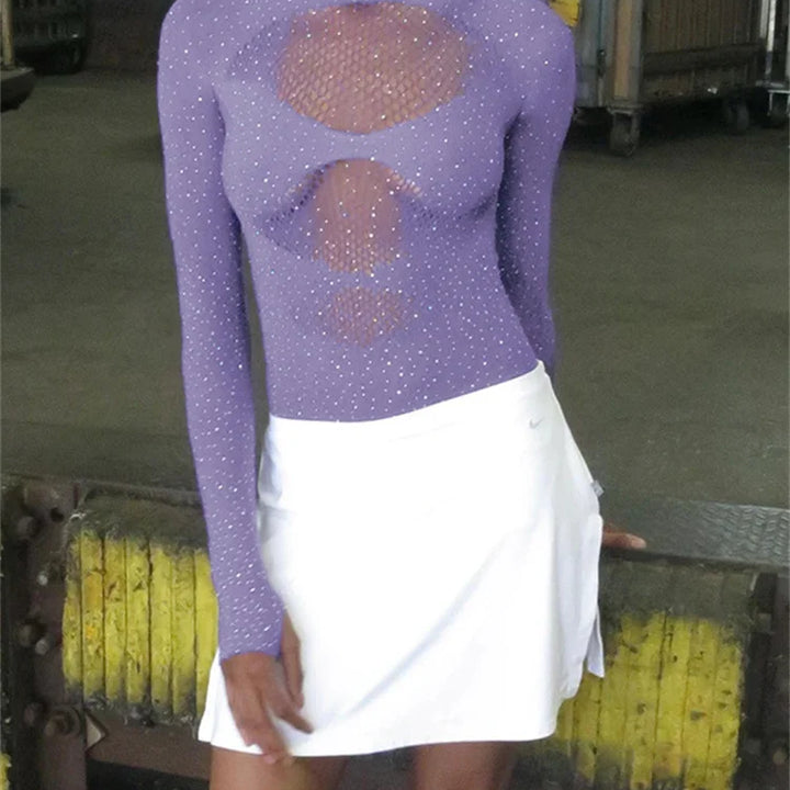 Fantoye Sexy Mesh Transparent Long Sleeve Skinny High Stretch Hollow Out Solid Thin Female Bodysuit Club Wear New Hot
