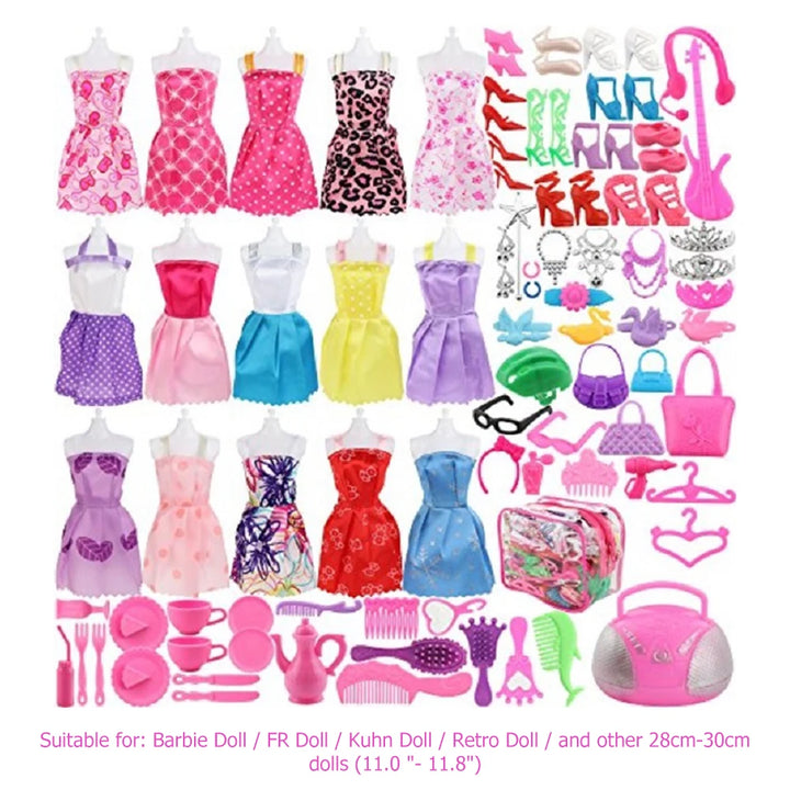 106pcs Doll Accessories Fashion Cute Dress Doll Shoes Boots Mini Dress Handbag Outfit Rack DIY Dollhouse Toy For Barbie Doll
