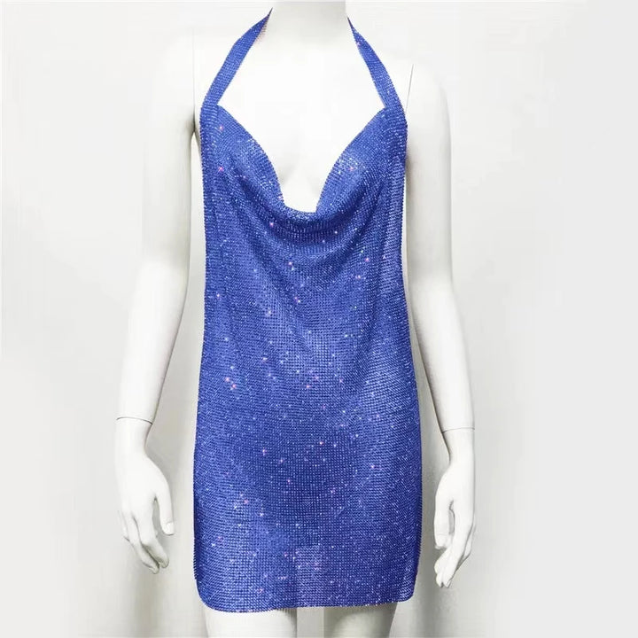 New European and American women's clothing, metal sequins, rhinestone suspender, sexy party, sweet and spicy style dress