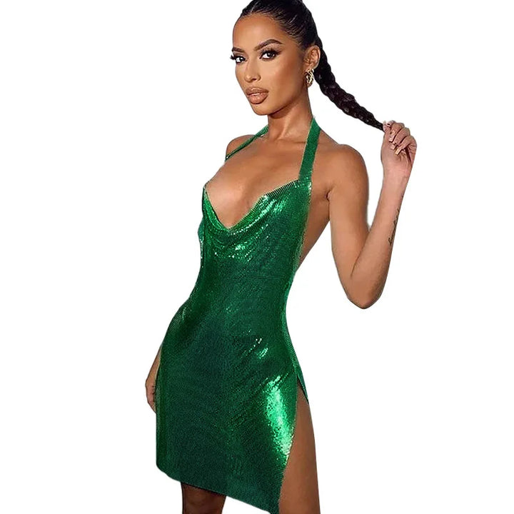 BKLD Women Clothing 2024 Spring New Solid Color Sexy Bronzing  Sparkle Dress Backless Split Halter Neck Short Dress Clubwear