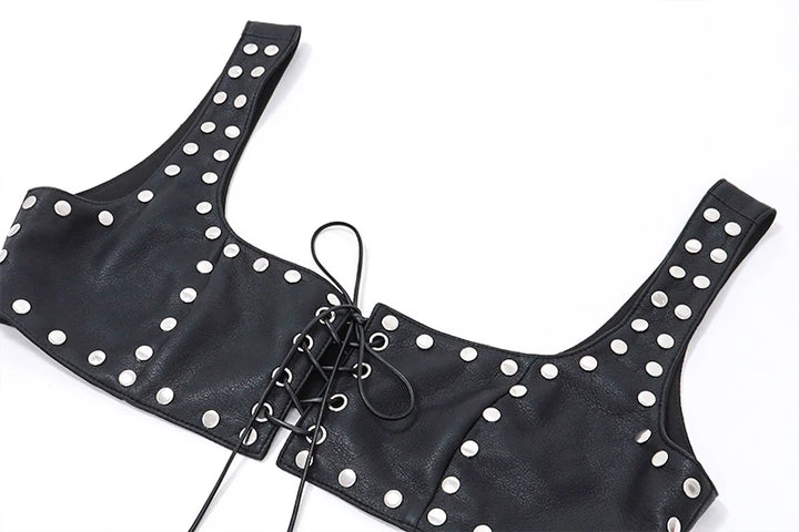 WhereMery Gothic PU Leather Bandage Tank Top Y2K Sexy Multi Rivet Backless Crop Tops 2024 Summer Punk Rock Evening Club Camisole
