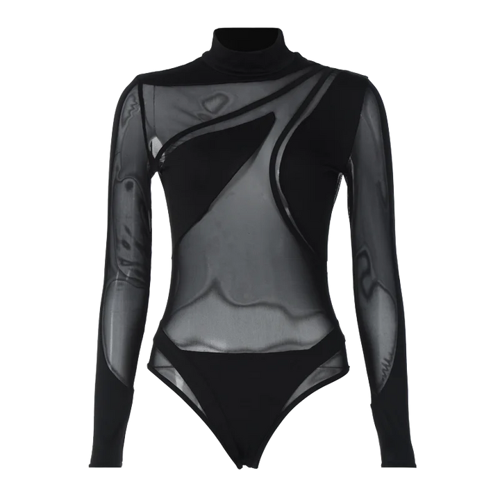 Hugcitar 2024 Turtleneck Long Sleeve Black See Through Sexy Bodycon Bodysuit Spring Summer Women New Outfit Festival Nightclub