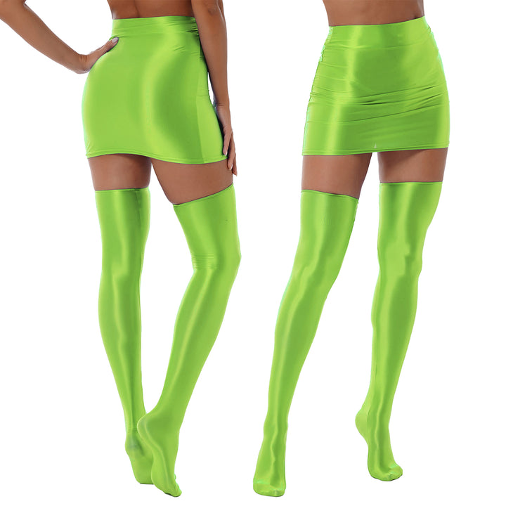 Womens Glossy Nightclub Outfit Shiny High Waist Mini Skirt with Stockings Set Rave Party Cheer Booty Workout Pole Dance Clubwear