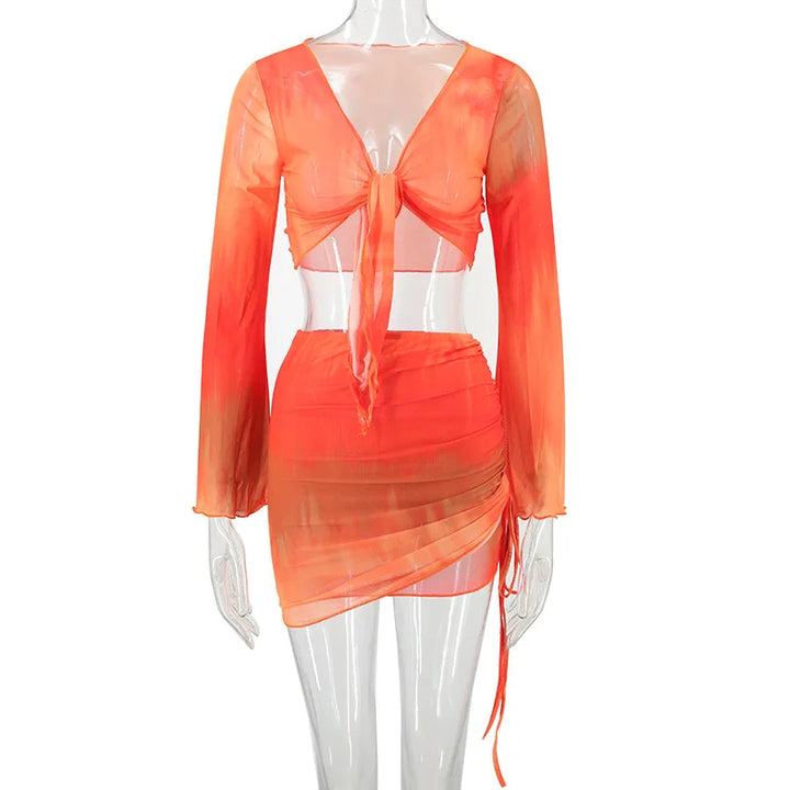 Fashion V-Neck Flare Sleeve Tie Dye Tops Mini Skirt Suit Women Mesh Tees Lace Up Skirts New Summer Female 2 Piece Set Outfits