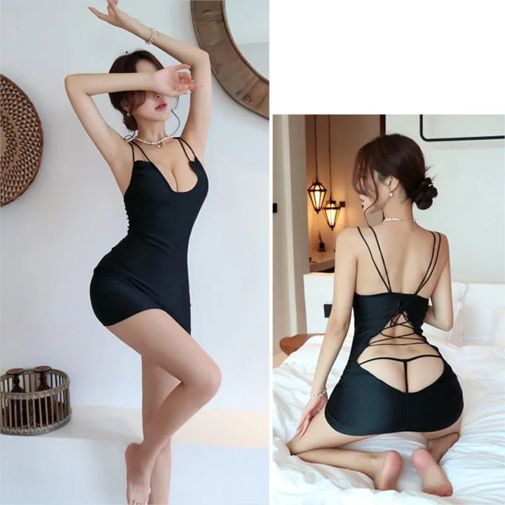 Summer sexy backless Dress Set deep V-belt pleated buttocks skirt uniform temptation nightclub secretary outfit evening Dresses