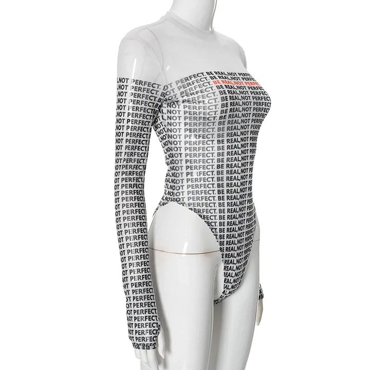 Letter Printed Mesh Transparent Women Panelled Newspaper Long Sleeve Round Neck T-Shirts